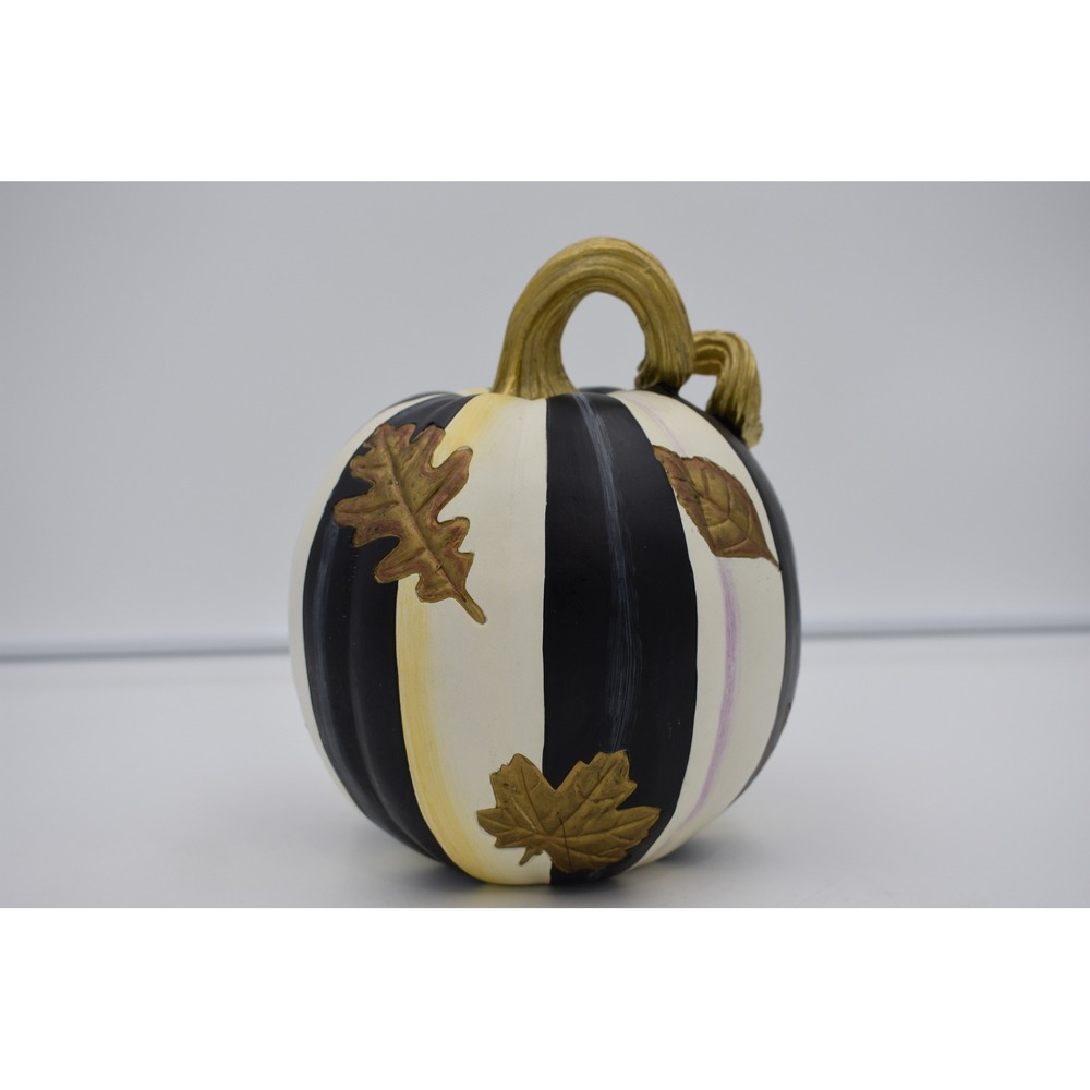 MacKenzie-Childs Black White Striped Gold Leaf & Stem Resin Pumpkin Fall Decor